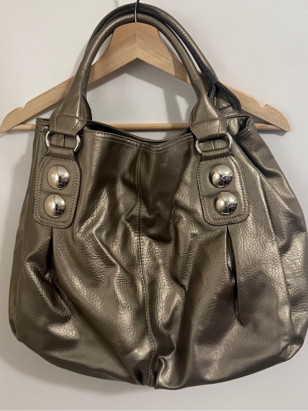 Mondani Metallic Pewter Hobo with Silver Accents Shoulder Bag Large